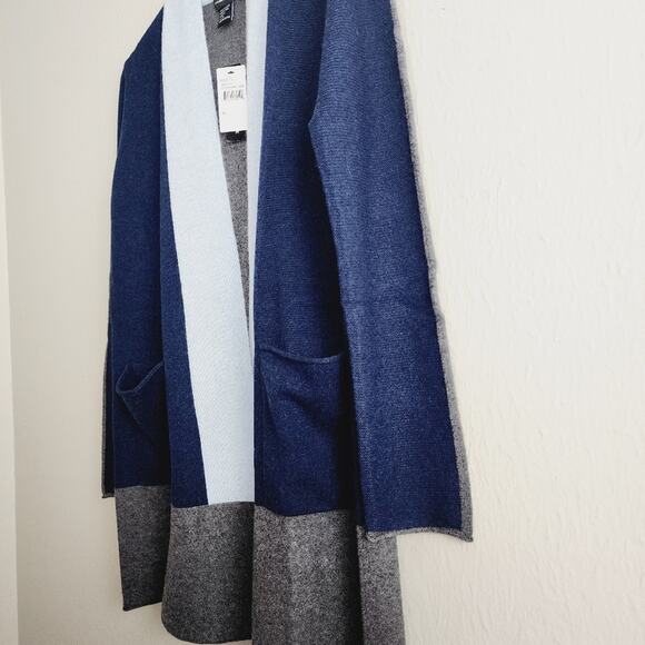 NWT Cashmere Cashmere Blue Gray Colorblock Open Knit Cardigan Sweater - Picture 7 of 8